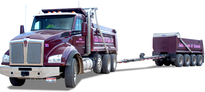 Maroon Ada Sand & Gravel DumpTruck with attached pup; maroon truck and pup