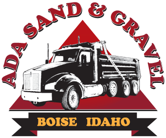Ada Sand and Gravel Logo, with Pyramid background and dump truck in the foreground